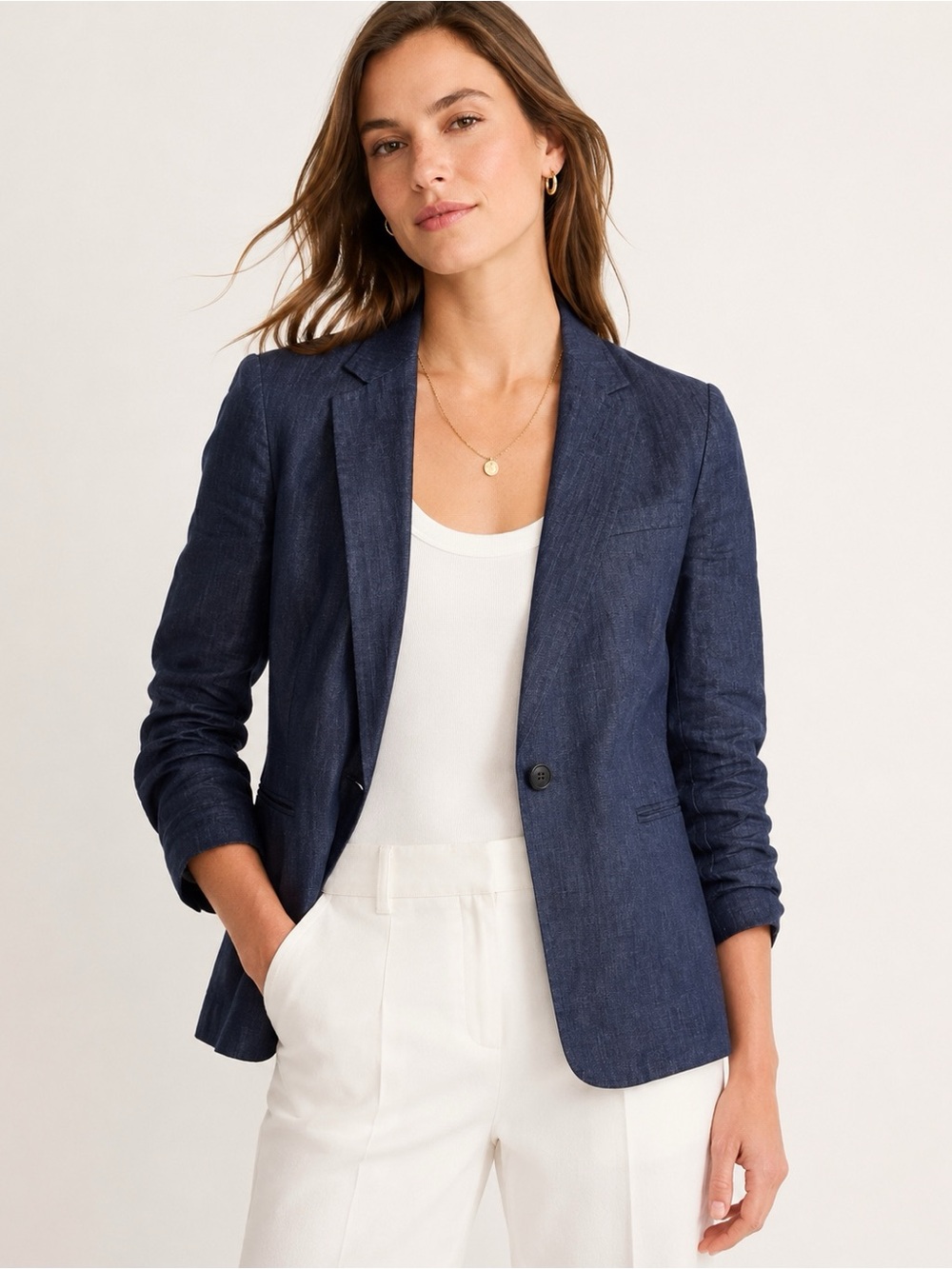 Zara Women Blue 100% Linen Blazer Jacket SMALL Classic Preppy Workwear Luxury